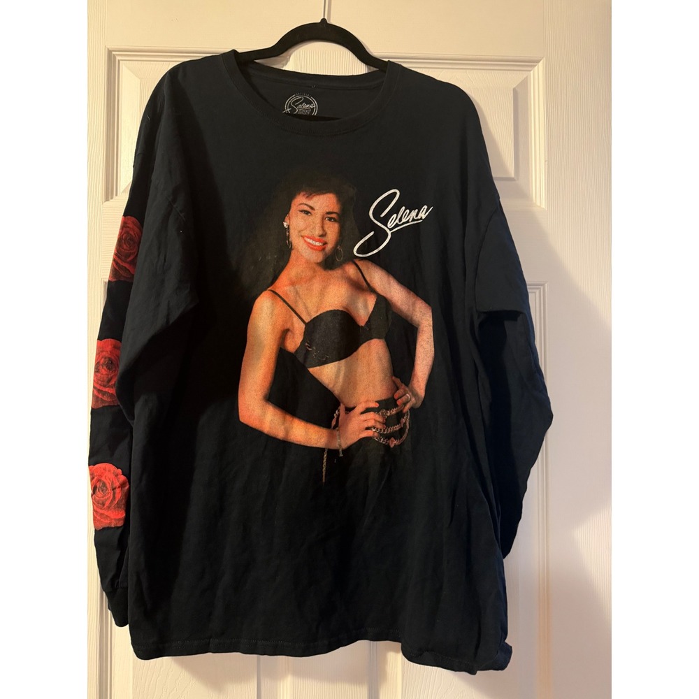 Selena Quintanilla Long Sleeve Graphic T-Shirt Black Red Rose Sleeve Mens XL